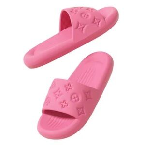 New women luxury pink monogram print slippers pool slides house shoes size 8-10